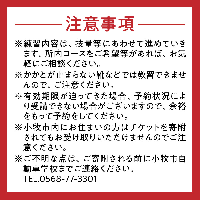 小牧市自動車学校のペーパードライバー教習(1時限分)チケット 小牧市自動車学校 ペーパードライバー 教習 1時限分 チケット 1枚 路上コース 小牧市内 観光スポット巡り 初心者 サポート 運転 不安解消 ドライビングレッスン 自動車学校 愛知県 小牧市 送料無料