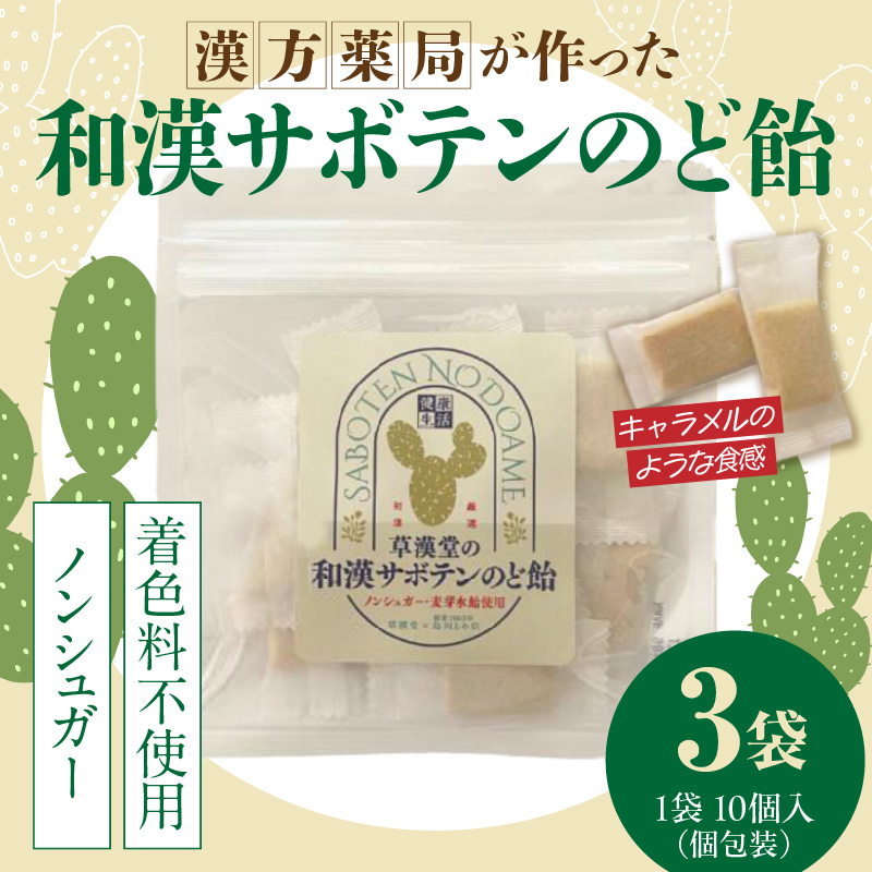 和漢サボテンのど飴　3袋 和漢 サボテン のど飴 草漢堂 オリジナル サボテンパウダー入り ノンシュガー 着色料不使用 個包装 島川あめ店 コラボ 飴 キャンディー おかし お取り寄せ 愛知県 小牧市 送料無料