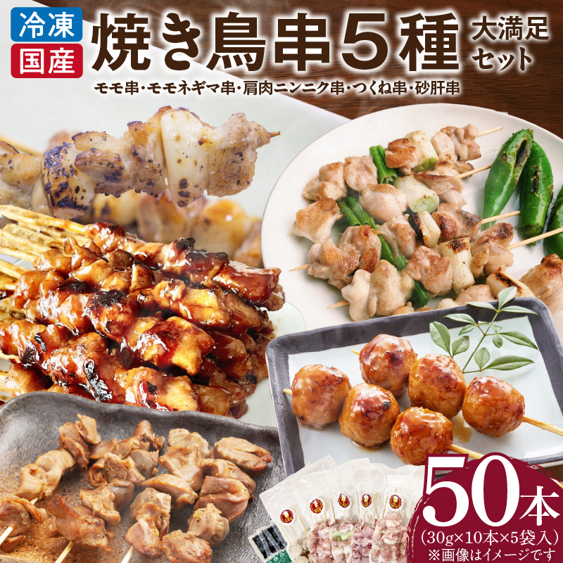 【大満足セット】冷凍国産鶏 焼き鳥串 人気の5種 合計50本セット 小分け パック
