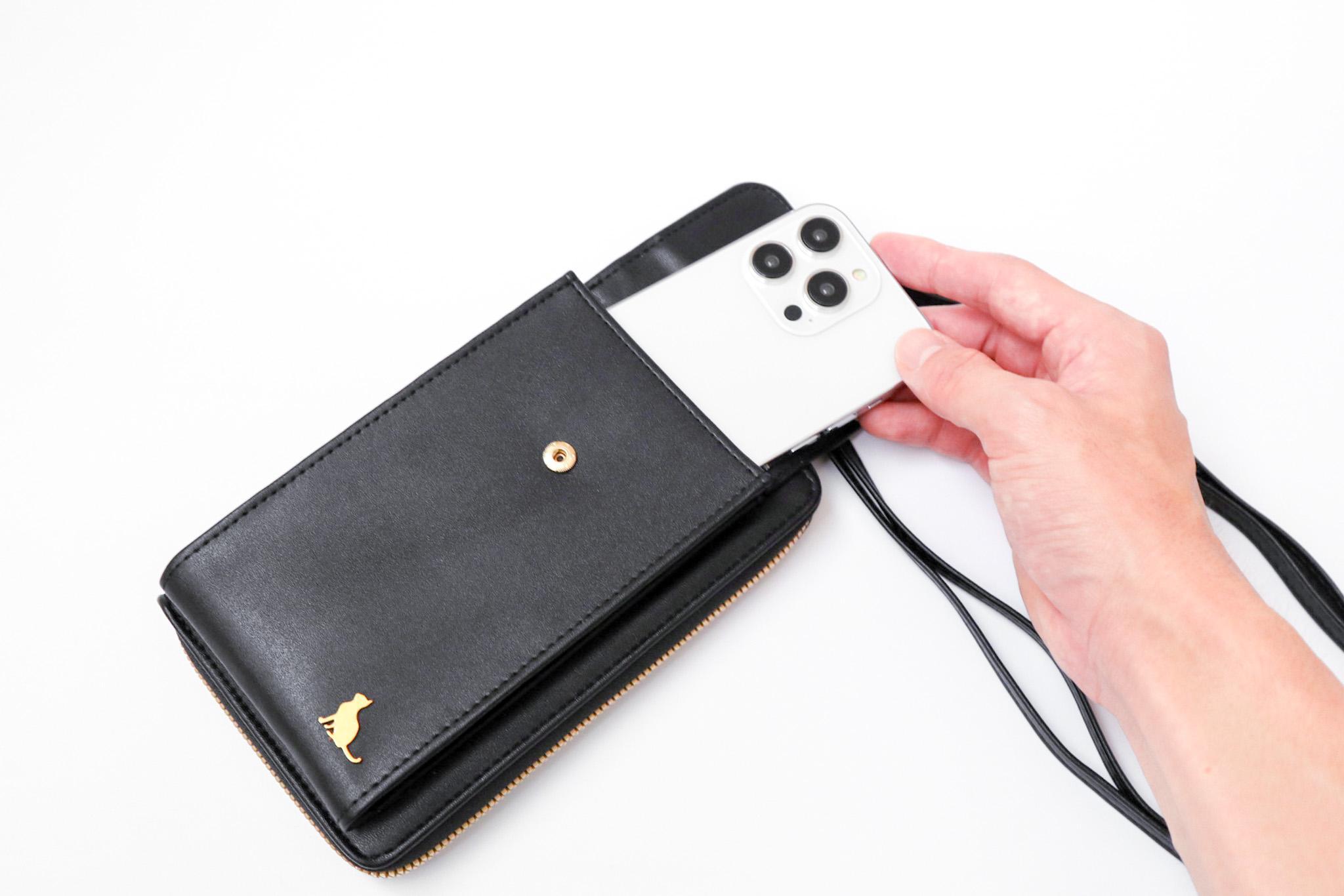お財布ショルダー スマホショルダー スマホポーチ 猫 スマホポシェット 【ブラック】