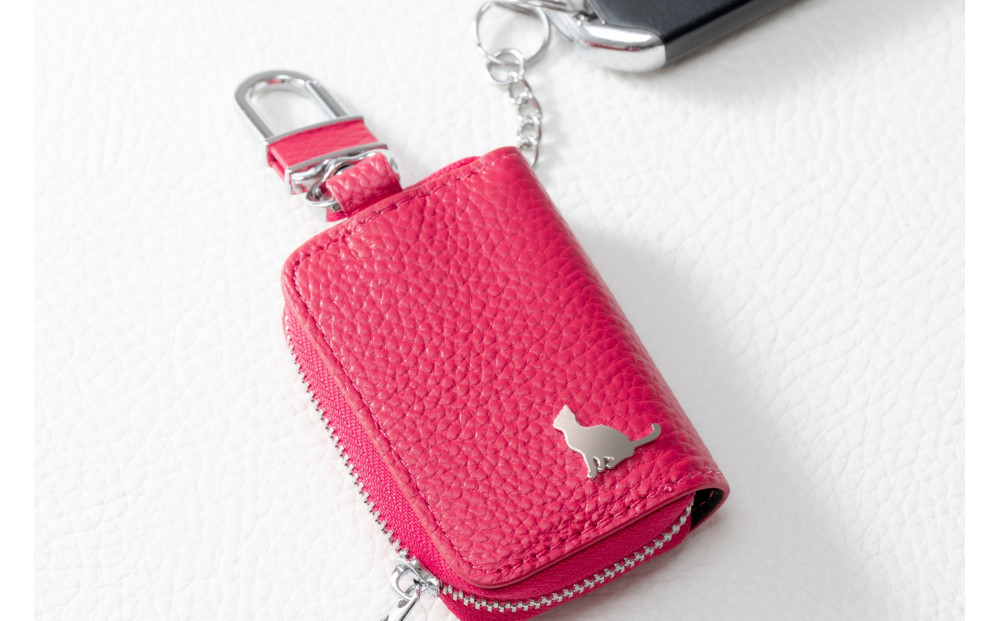 【本革スマートキーケース】＜ピンク＞ ねこ おしゃれ 可愛い コンパクト スリム 猫 レザー 窓つき 収納