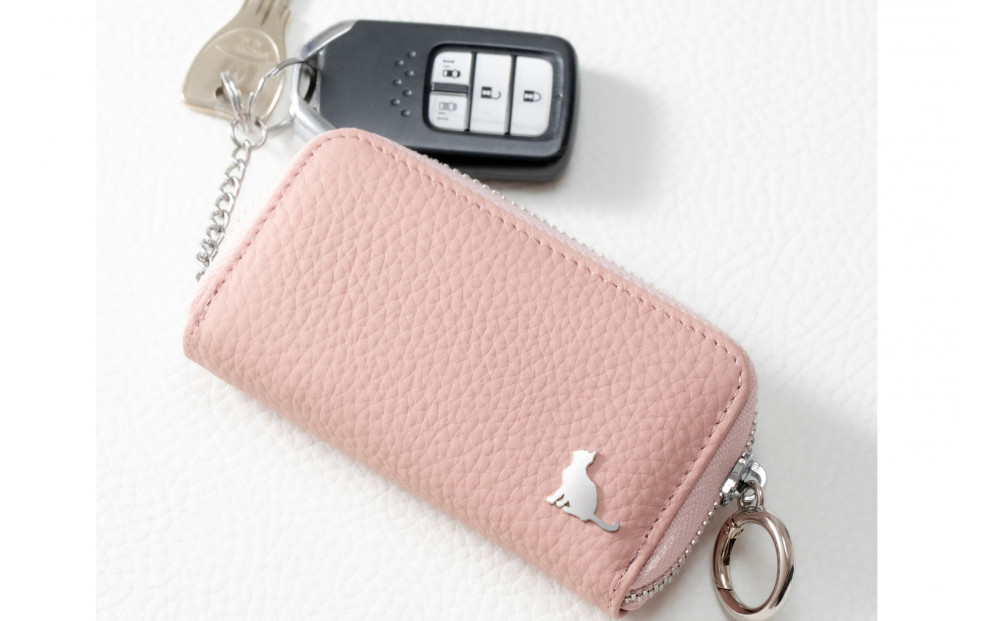 【スマートキー対応 カードが入る本革6連キーケース】＜薄ピンク＞ おしゃれ　可愛い　コンパクト　スリム　猫　レザー
