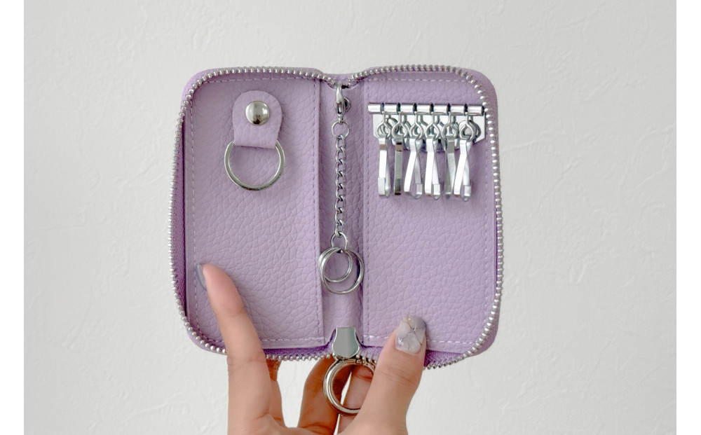【スマートキー対応 カードが入る本革6連キーケース】＜パープル＞ おしゃれ　可愛い　コンパクト　スリム　猫　レザー