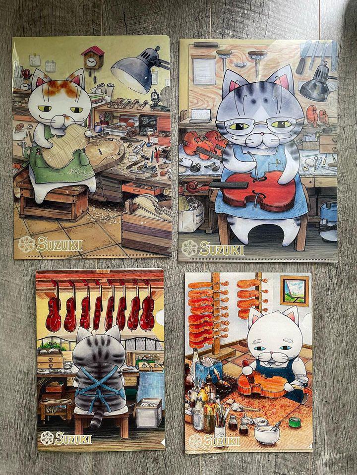 バイオリン職人をモデルにしたクリアファイル４点 ＆ バイオリン駒を使用したオリジナルキーホルダー