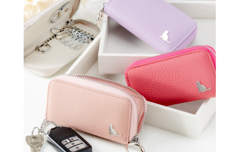 【スマートキー対応 カードが入る本革6連キーケース】＜濃いピンク＞ おしゃれ　可愛い　コンパクト　スリム　猫　レザー