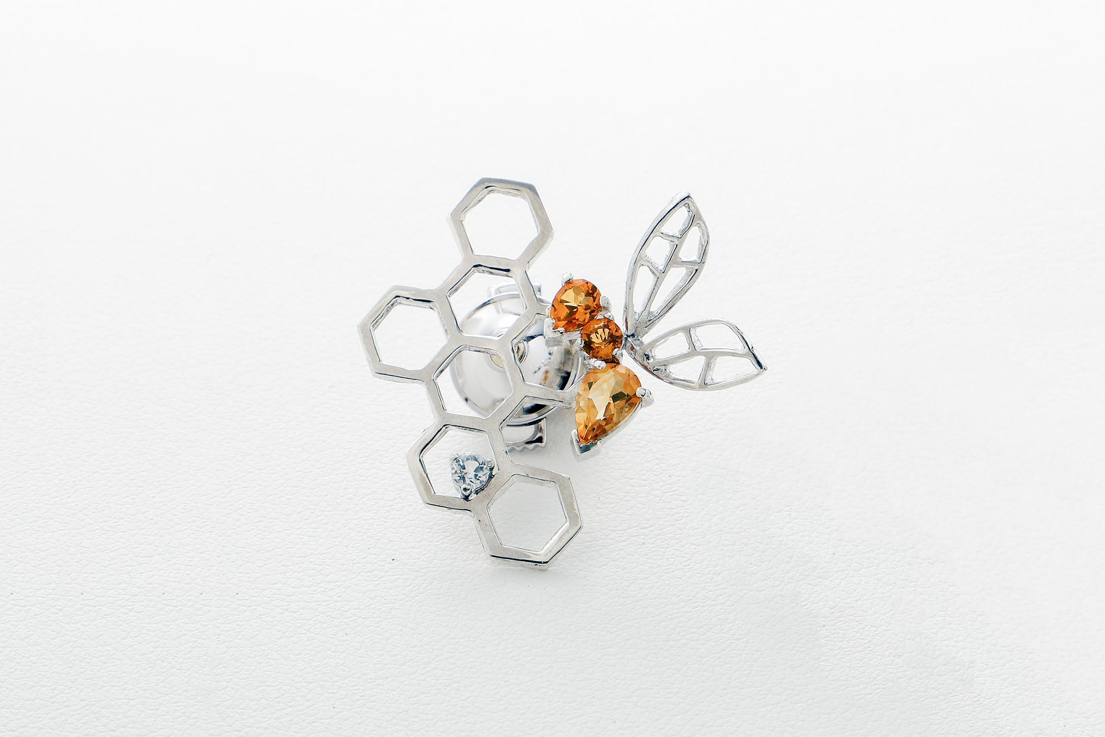 【プレゼント包装付き】ミツバチ＆ハニカム ピンバッジ（SV /シトリン）