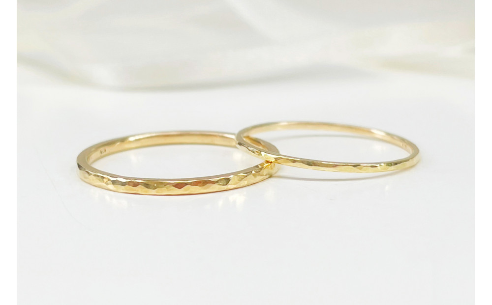 【K18 ペアリング】丸つち目 細＆厚リング（ハンドメイド）- ギフト包装付き -