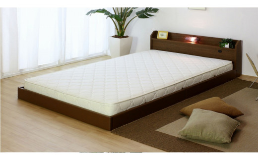 【組立サービス付】268　シングルサイズ　棚コンセント照明付フロアベッド　国産ポケットコイルマットレス(108618)付(ブラウン)（1512）