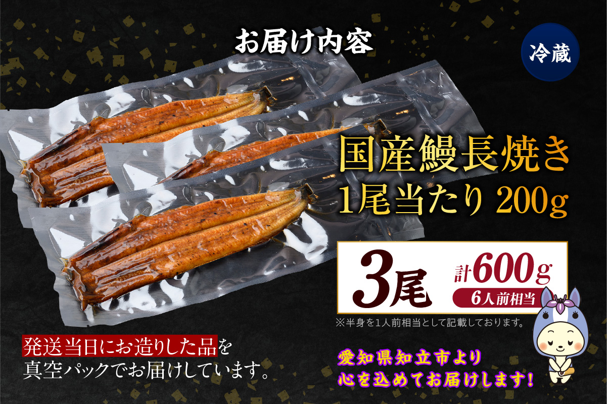 国産特大うなぎ長焼き３尾(約２００ｇ)　合計約６００ｇ（1664）