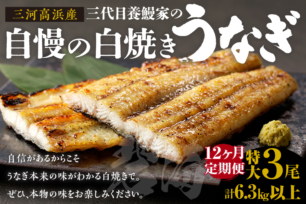 【定期便12ヶ月】三河高浜産三代目養鰻家の白焼きうなぎ 特大3尾