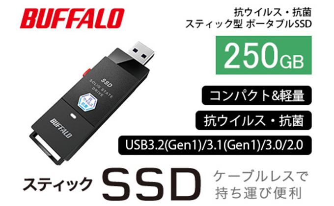 BUFFALO バッファロー スティック型 SSD 250GB 抗ウイルス・抗菌 テレビ 録画 USB 電化製品 家電 パソコン PC周辺機器 パソコン周辺機器
