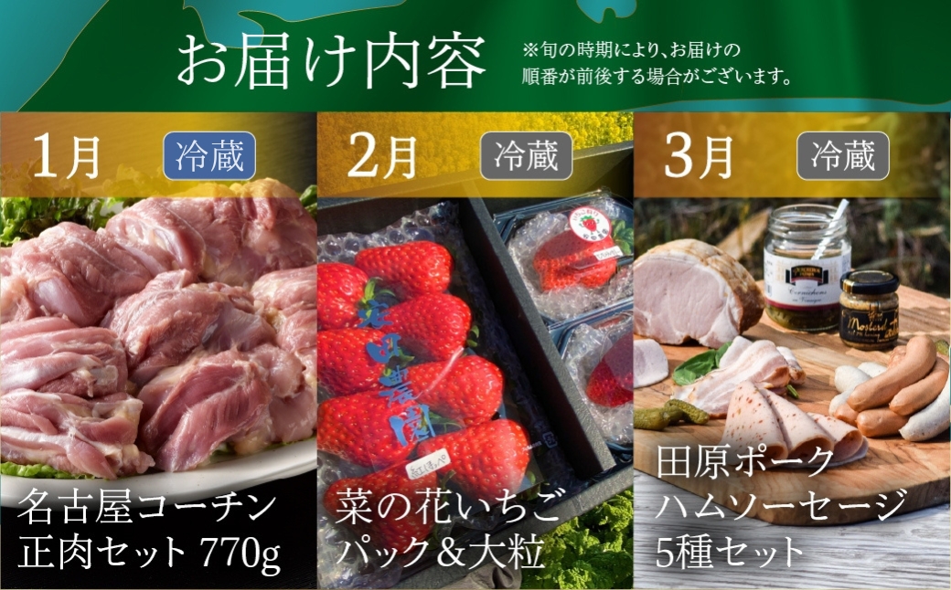 渥美半島の恵み どうまい 定期便 プレミアム 全12回 （ うなぎ いちご 地鶏 名古屋コーチン メロン マスクメロン ブランド豚 田原ポーク ハム ソーセージ ブルーベリー ジェラート とうもろこし サーモン 海鮮 和牛 牛肉 青うなぎ ) ご当地 人気 頒布会 定期便 12回定期便