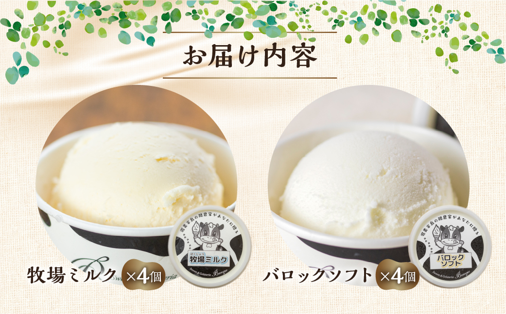 牧場の搾りたて生乳使用 てづくりジェラート 2種のミルクセット　8個