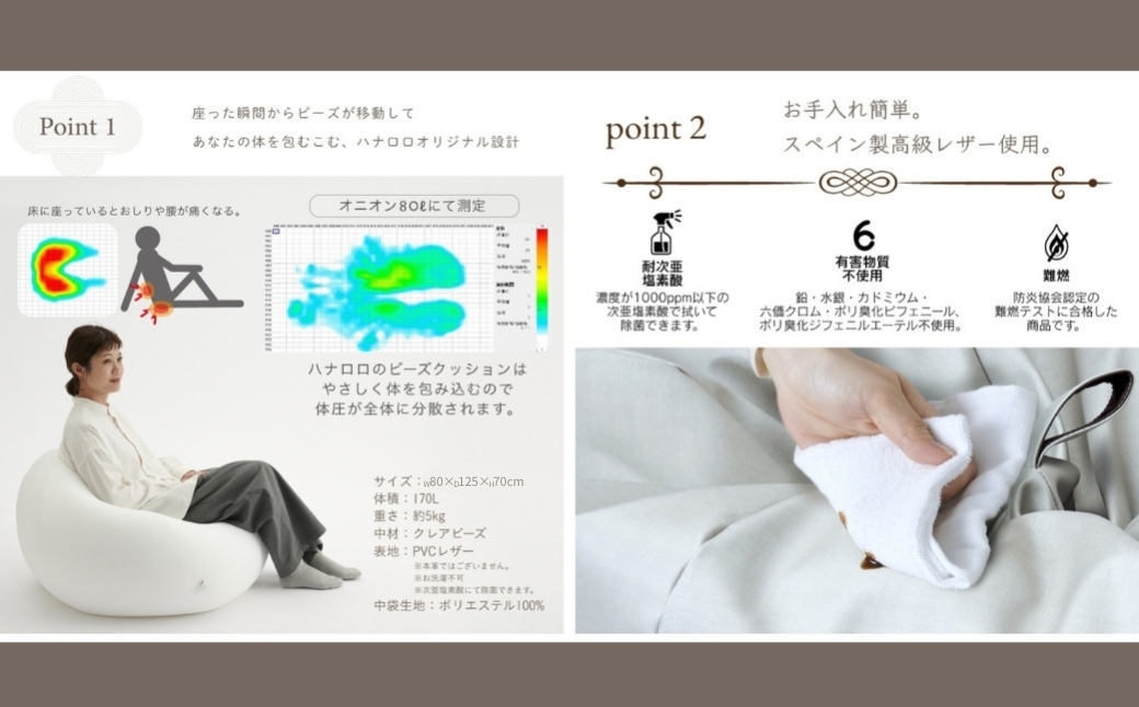 【パールホワイト】ハナロロ ビーズクッション オニオン 170リットル レザーカバーセット