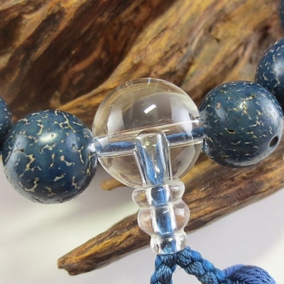 数珠・男性用　≪本藍染星月菩提樹≫　水晶仕立　正絹雲龍房　桐箱入