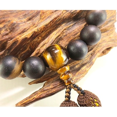 男性用数珠　国産　黒柿　虎眼石仕立　正絹房/ 桐箱入り