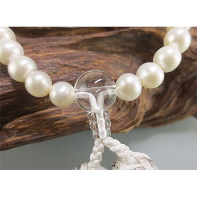 女性用数珠(念珠)　淡水パール　水晶仕立　正絹花かがり房　桐箱入