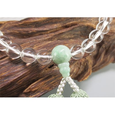 女性用数珠(念珠)　本水晶　ビルマ翡翠仕立　正絹細房　桐箱入