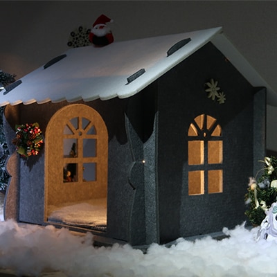 キャットハウス(カーテン、クッション、窓付き) ライトグレー　1個