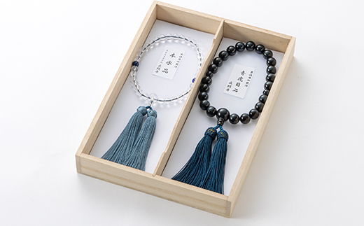 数珠男女ペアセット　青虎目石・水晶　ラピスラズリ入　正絹房　桐箱入