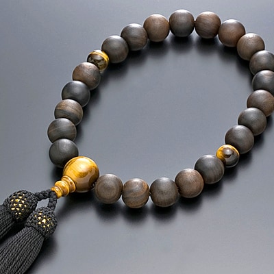 数珠　男性用　縞黒檀　虎目石　正絹房　桐箱入