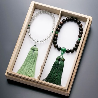 数珠男女ペアセット(縞黒檀・アベンチュリン・本水晶・正絹房)※ペア桐箱入