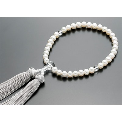 女性用数珠(念珠)　淡水パール　水晶仕立　正絹花かがり房　桐箱入