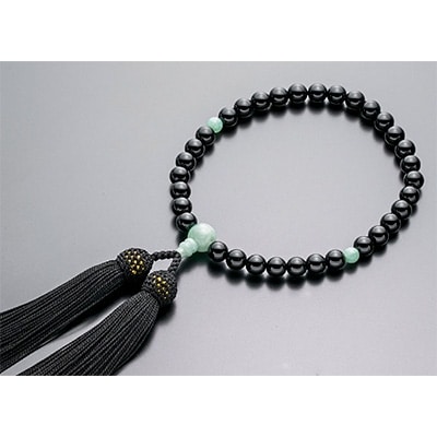 女性用数珠(念珠)　黒オニキス　翡翠仕立　正絹黒房　桐箱入