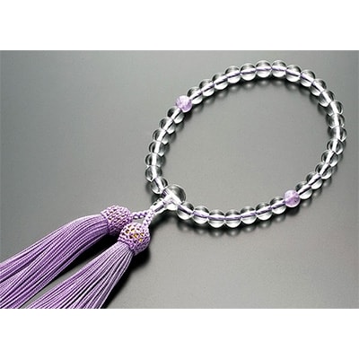 女性用数珠(念珠)　本水晶　藤雲石入　正絹藤房　桐箱入