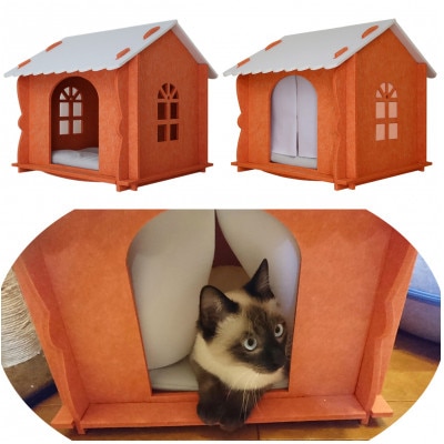 キャットハウス(カーテン、クッション、窓付き) オレンジ　1個