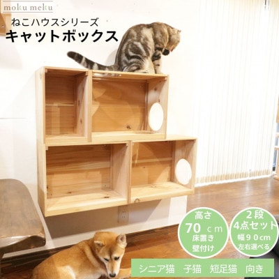 床置きタワー・壁付けキャットウォークで使えるキャットボックス　2段4点セット(左上がり)