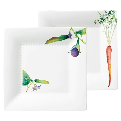 ノリタケ【京香旬彩】23cmスクエアプレートペア(加茂茄子・金時人参)