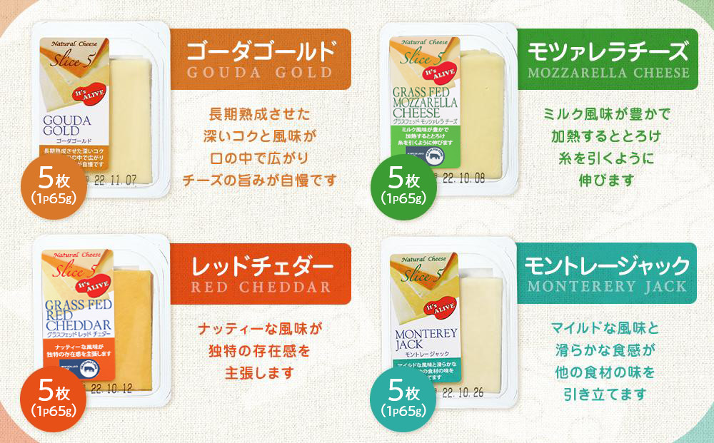 4種類のスライスチーズセット 1パック5枚入×4パック×４種類（計80枚）【チーズ 乳製品 加工食品 おつまみ セット 食べ比べ モッツァレラ チェダーチーズ 愛知県 長久手市 BE001】