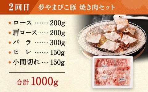 【4回定期便 ( 3ヶ月に1回) 】夢やまびこ豚 鍋セット (ロース･肩ロース･バラ･モモ) ×2回 焼肉セット(ロース･肩ロース･バラ･ヒレ･小間切れ) ×2回 燻Kemuru 芋けんぴ付き 合計4kg