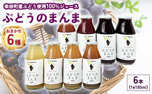 幸田町産ぶどう使用（無添加、無糖、無加水）100％ジュース 多種類 6本詰め合わせ 180ml×6本 合計1080ml ｜ ぶどうジュース 葡萄ジュース 巨峰 デラウェア 甲斐路 ベリーA セミヨン ナイアガラ アレキサンドリア コンコード 種ぶどう 愛知県 幸田町