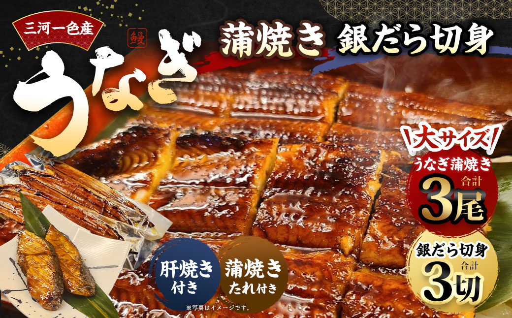 三河一色産 うなぎ蒲焼き大3尾+銀たら照り焼き3切れ（1切れ60g以上）｜ 蒲焼きたれ 肝焼き お魚 湯煎 惣菜 セット 簡単調理 冷凍 幸田町 送料無料