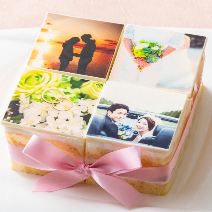 【スイーツ】お気に入りの写真をホワイトチョコにプリント！オリジナルの美味しいケーキを。 4ピース アルバムケーキ（文字あり） 4ピース(文字あり)