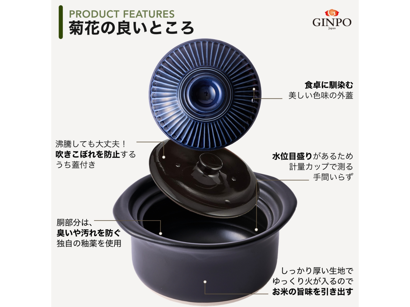 【萬古焼（ばんこやき）】土鍋ごはん2合【粉引】 ご飯 炊飯 一人用 (1人用) 二合(2合) 家族 子供 料理 贈り物【直火専用・レンジ温めOK】(2合 1.2L 計量 カップ不要 火加減簡単) 菊花 銀峯 GINPO 粉引 土鍋ごはん2合