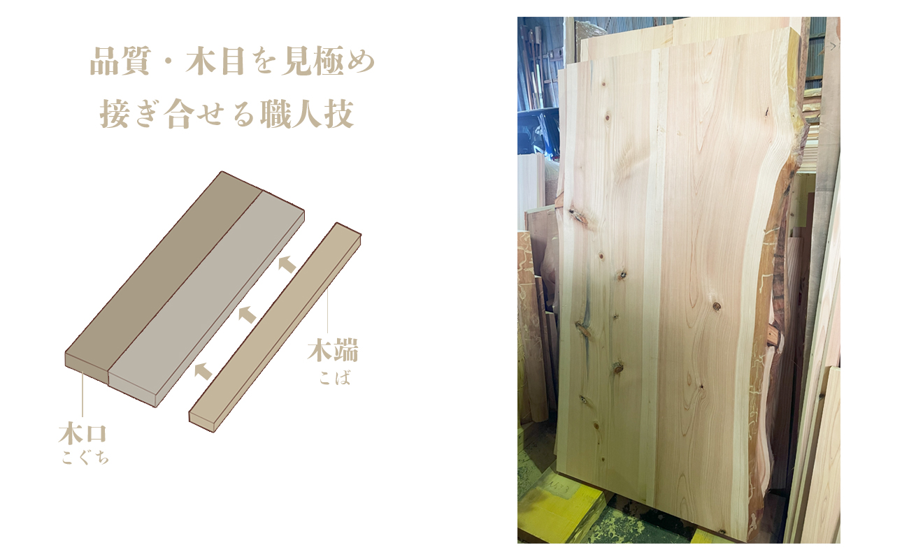 三重県 尾鷲（オワセ）ヒノキ使用、職人技「伊勢逢わせ」一枚板テーブル　幅1,500×奥行750～850×高さ約720㎜　【家具 インテリア 一枚板 おすすめ ブランド メーカー オーダーメイド 手作り おしゃれ 木 テーブル ダイニング 家族 一人暮らし 脚 天板 新生活 引越し 椅子 イス ブルック 三重県 四日市市 ふるさと納税】 1500