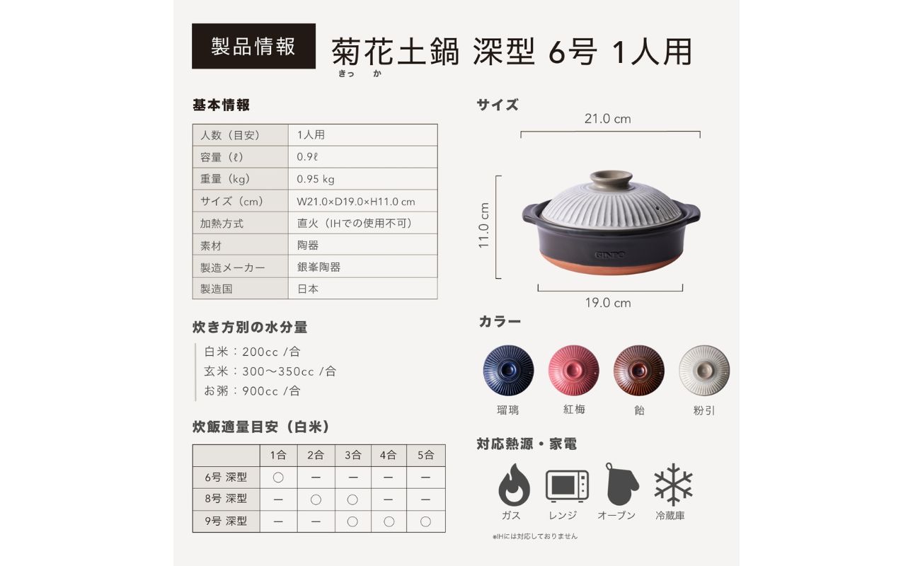 【萬古焼（ばんこやき）】菊花 深型土鍋 6号 カラー：粉引【一人用、一合、1合、秋、冬、おしゃれ、ご飯、ごはん 、二人用、家族 、4人、料理、贈り物、直火、レンジ、炊飯、鍋、なべ、スープ、煮物、ご自宅、菊花 銀峯 GINPO 三重県 四日市 ふるさと納税】 粉引 6号