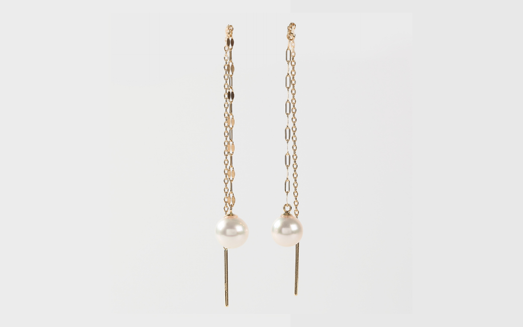 701　K18YGあこや本真珠ピアス　キラキラロングチェーン5.5mmUP