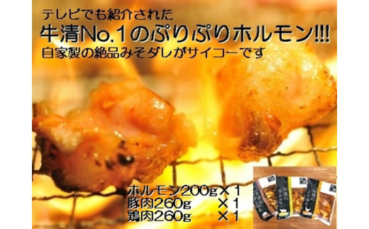 1505　自家製 みそダレ Bセット 牛ホルモン 200ｇ 豚肉 鶏肉 各１ / 黒毛和牛ホルモン 牛清 バーベキュー BBQ キャンプ 牛肉 ぶた肉 とり肉 特製 味噌漬 味付 伊勢志摩 三重 伊勢