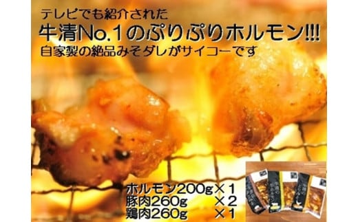 1507　自家製 みそダレ Dセット 牛 ホルモン 200ｇ×１ 豚肉 ×２ 鶏肉 ×１/ 黒毛和牛ホルモン 牛清 バーベキュー BBQ キャンプ 牛肉 ぶた肉 とり肉 特製 味噌漬 味付 伊勢志摩