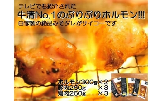 1517　自家製 みそダレ Nセット 牛 ホルモン 300ｇ×2 豚肉 ×３ 鶏肉 ×３/ 黒毛和牛ホルモン 牛清 バーベキュー BBQ キャンプ 牛肉 ぶた肉 とり肉 特製 味噌漬 味付 伊勢志摩