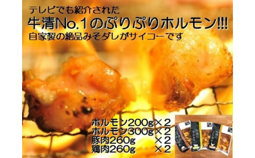 1519　自家製 みそダレ Pセット 牛ホルモン 200g 300ｇ×各２ 豚肉 ×２ 鶏肉 ×２/ 黒毛和牛ホルモン 牛清 バーベキュー キャンプ 牛肉 ぶた肉 とり肉 特製 味噌漬 味付 伊勢志摩