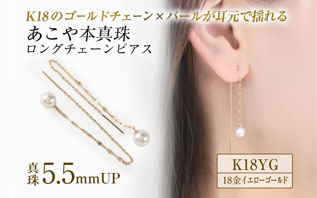 701　K18YGあこや本真珠ピアス　キラキラロングチェーン5.5mmUP