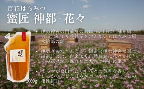【1.5-36】国産 百花はちみつ 1000g（エコパック）と蜜キレボトルセット　創業110年の老舗養蜂場の蜜匠が厳選「神都・花々」　純粋はちみつ　蜜キレボトル　松治郎の舗　ハニー