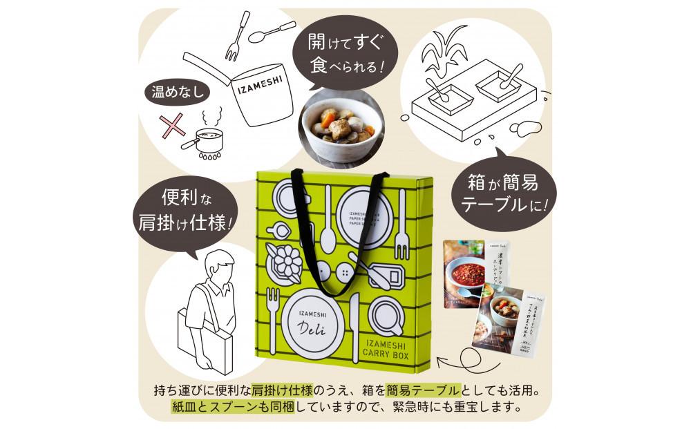 【3年保存】【1セット】イザメシ キャリーボックスDeli(8品、紙皿&スプーン付) 非常食 保存食 備蓄食 防災 防災用品
