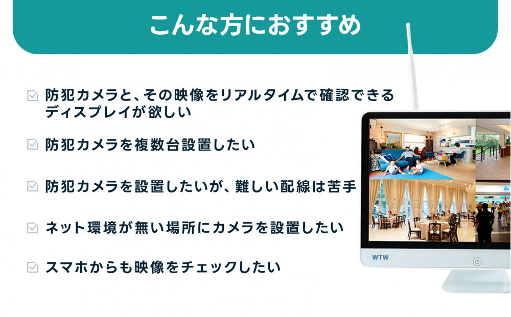 Par16インチ液晶録画装置2TB&300万画素屋外防犯カメラ4台セット