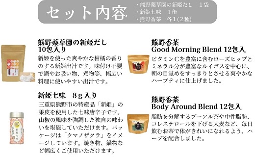新姫各種お楽しみセット（ハーブティー2種、だしパック、新姫七味缶）【kmys0010】
